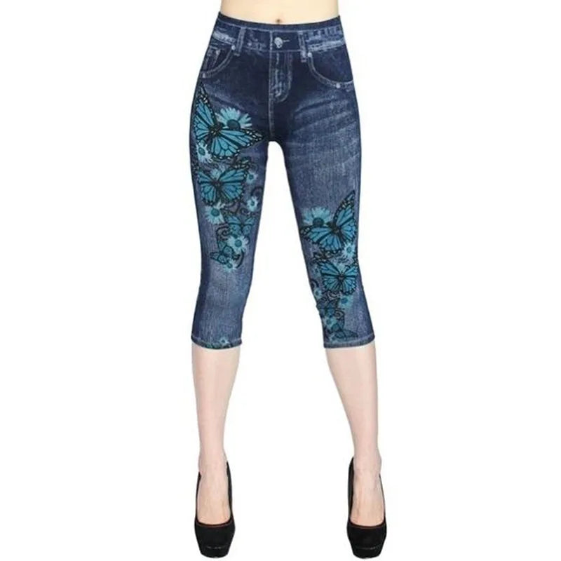 Women Denim Print Leggings Fashion Slim Leggings Faux Jeans Leggings Stretch Printed Short /Long Leggins Pants Summer Breeches