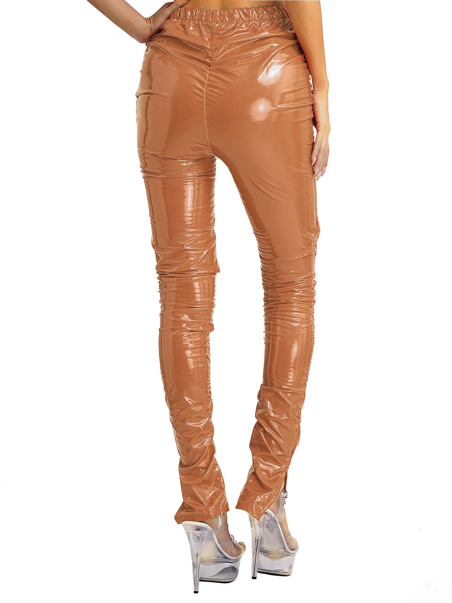 Womens Glossy PU Leather Long Pants High Waist Stacked Ruched Split Cuffs Tights Slim Fit Leggings for Nightclub Disco Dancing