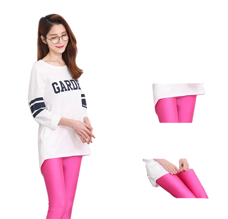 Women's Summer Fluorescent Color Slim Capri Leggings Shiny Stretch Tights Glossy Opaque Neon Leggings for Girls 50-80kg Weight