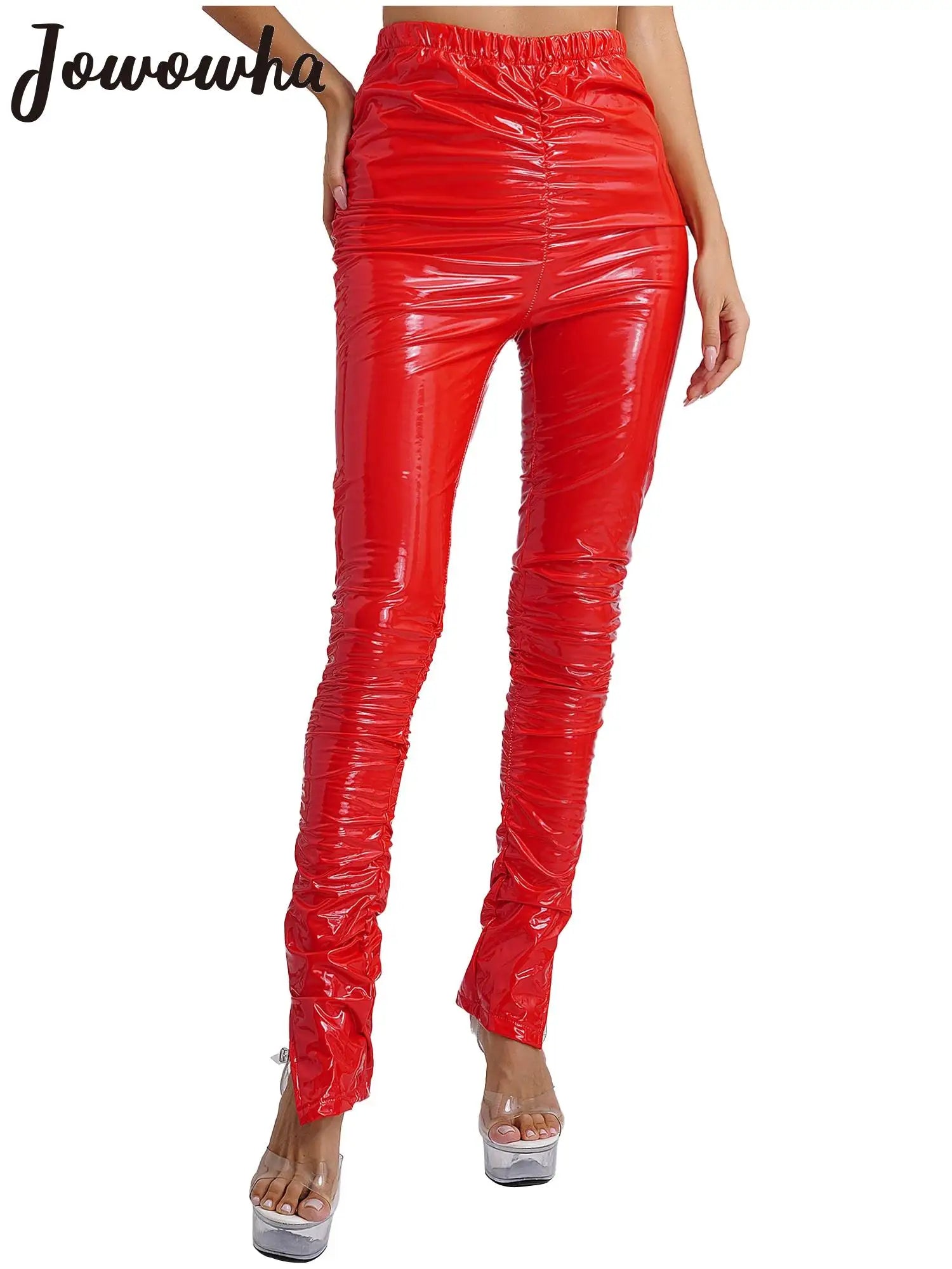 Womens Glossy PU Leather Long Pants High Waist Stacked Ruched Split Cuffs Tights Slim Fit Leggings for Nightclub Disco Dancing