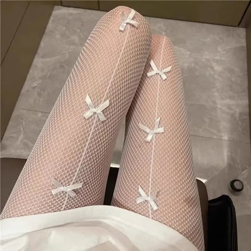 Sexy Lolita Bow Stockings Women Transparent Mesh Fish Net Long Socks Punk JK Black White Slimming Pantyhose Female Tight Legging