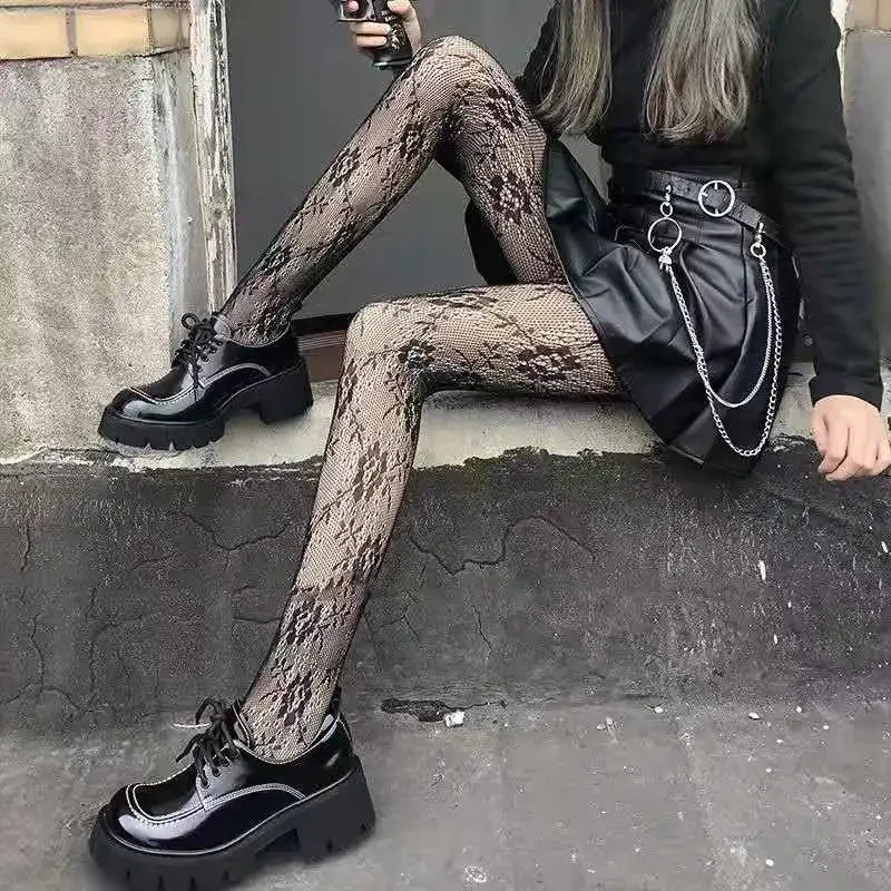 Gothic Tights Women Leggings Lolita Hollowed Out Mesh Body Stockings Japanese Bottomed Lace Pantyhose Skull Punk Black Hosiery