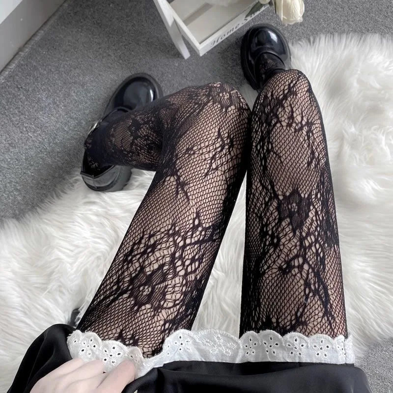 Black White Lace Flower Stockings Women Sexy Floral Rattan Leggings Gothic Mesh Hollowed Pantyhose Hosiery Female Fishnet Tights