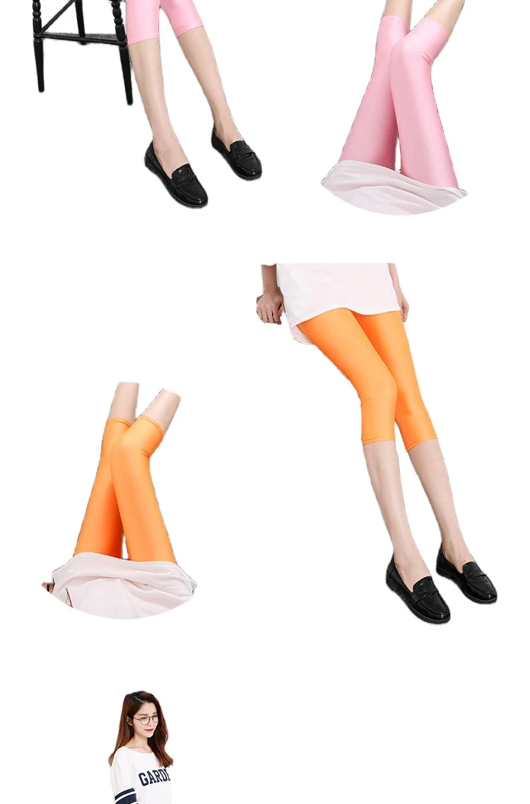 Women's Summer Fluorescent Color Slim Capri Leggings Shiny Stretch Tights Glossy Opaque Neon Leggings for Girls 50-80kg Weight