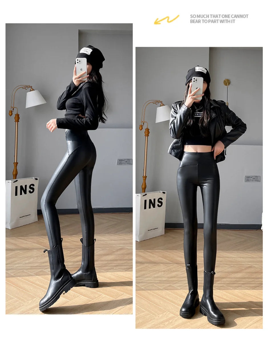 New Thin Fleece Pu Leather Leggings for Women Winter Autumn High Waist Pants Push Up Black Sexy Tights Stretch Fitness Leggings