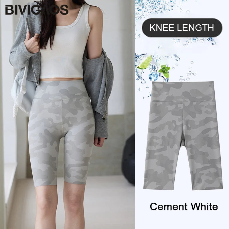 BIVIGAOS Summer Slim Camouflage Knee Length Cycling Shorts Women Casual Sharkskin Sports Running Fitness Biker Short Leggings