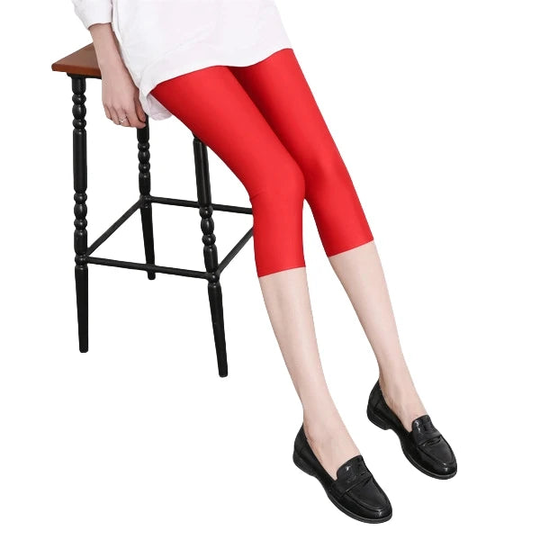 Women's Summer Fluorescent Color Slim Capri Leggings Shiny Stretch Tights Glossy Opaque Neon Leggings for Girls 50-80kg Weight