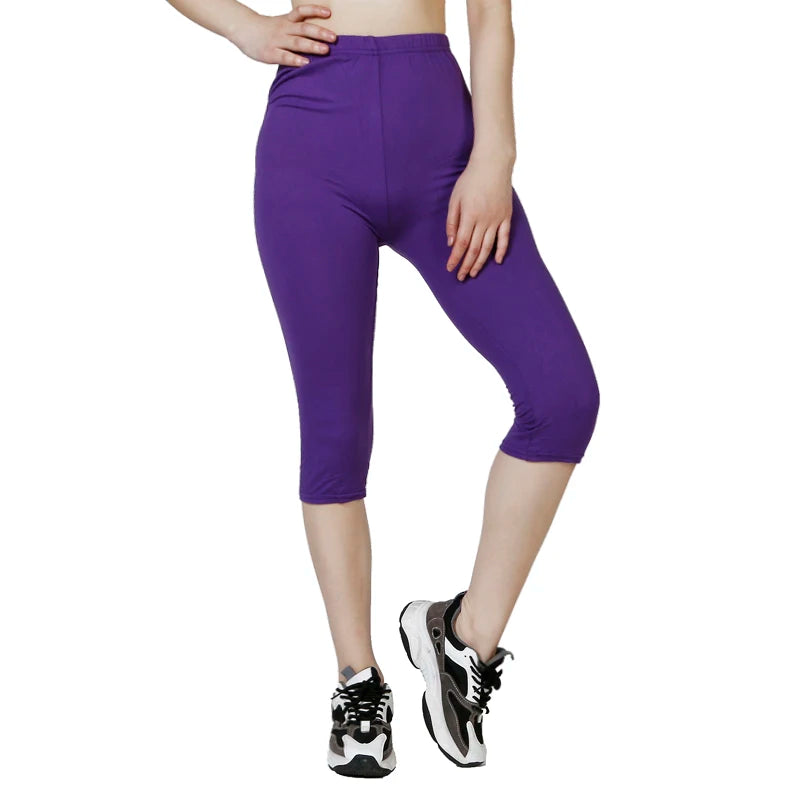 QR63 Solid Color Capris Leggings, WOMEN'S Fashionable Elastic Waist Exercise, Short Leg Pants