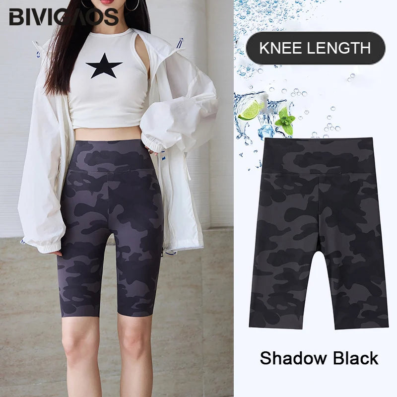 BIVIGAOS Summer Slim Camouflage Knee Length Cycling Shorts Women Casual Sharkskin Sports Running Fitness Biker Short Leggings