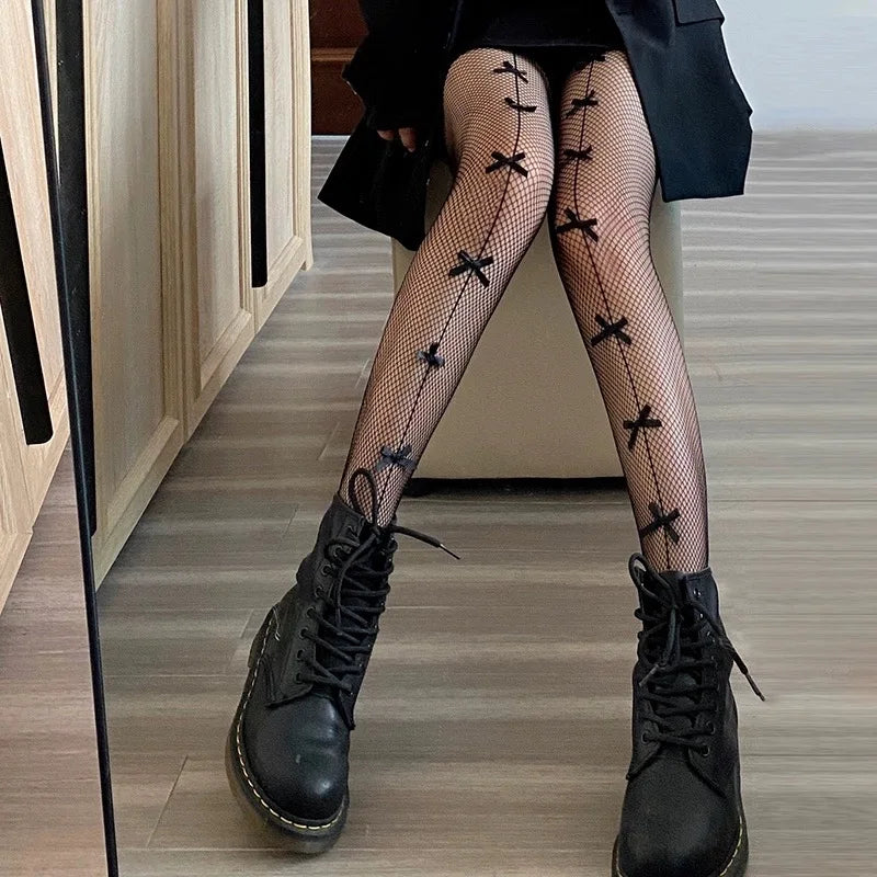 Sexy Lolita Bow Stockings Women Transparent Mesh Fish Net Long Socks Punk JK Black White Slimming Pantyhose Female Tight Legging