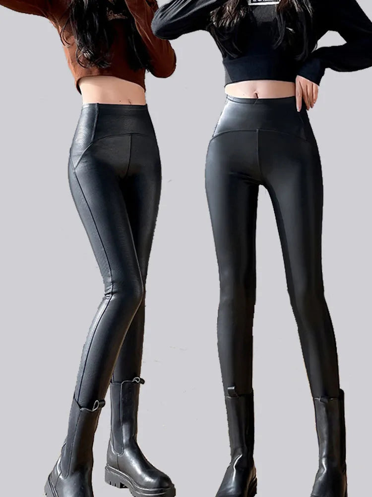 New Thin Fleece Pu Leather Leggings for Women Winter Autumn High Waist Pants Push Up Black Sexy Tights Stretch Fitness Leggings