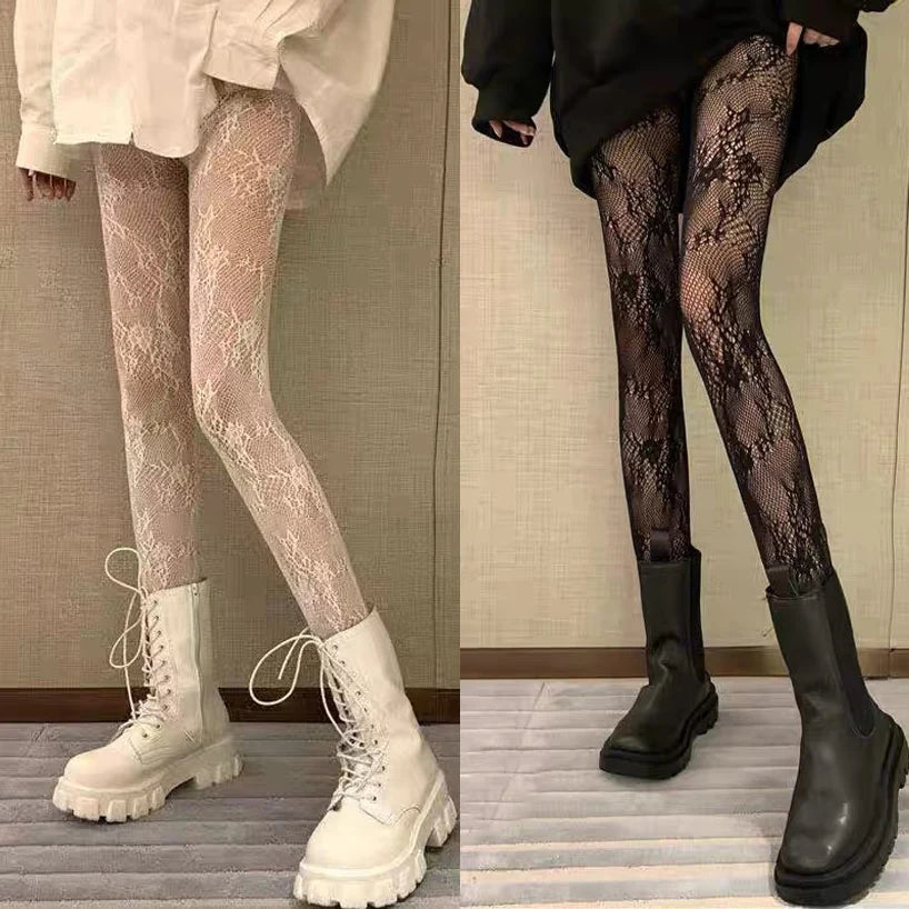 Black White Lace Flower Stockings Women Sexy Floral Rattan Leggings Gothic Mesh Hollowed Pantyhose Hosiery Female Fishnet Tights