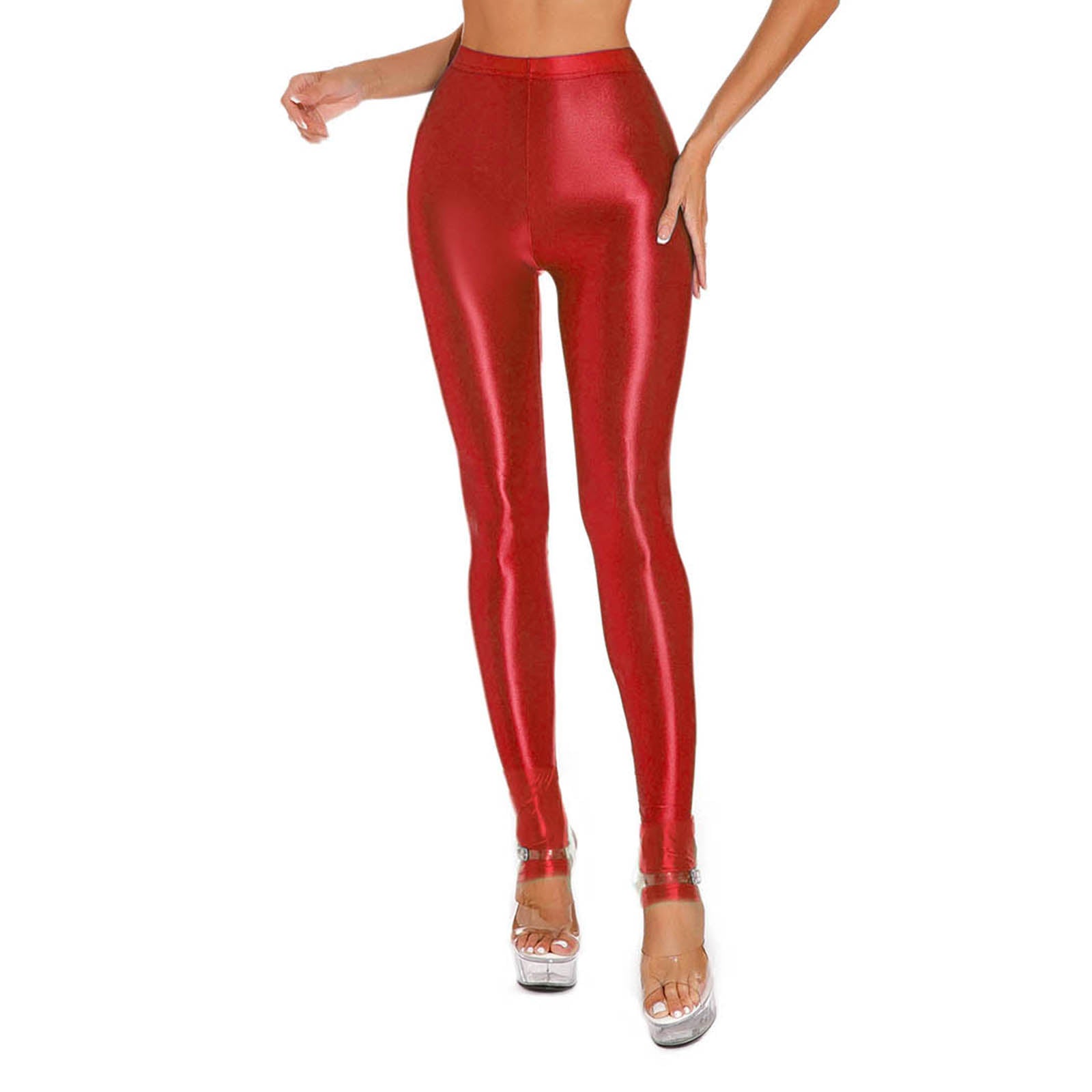 Womens Shiny Glossy High Waisted Stirrup Leggings Tights Gymnastics Workout Yoga Pants Tummy Control Sports Trousers