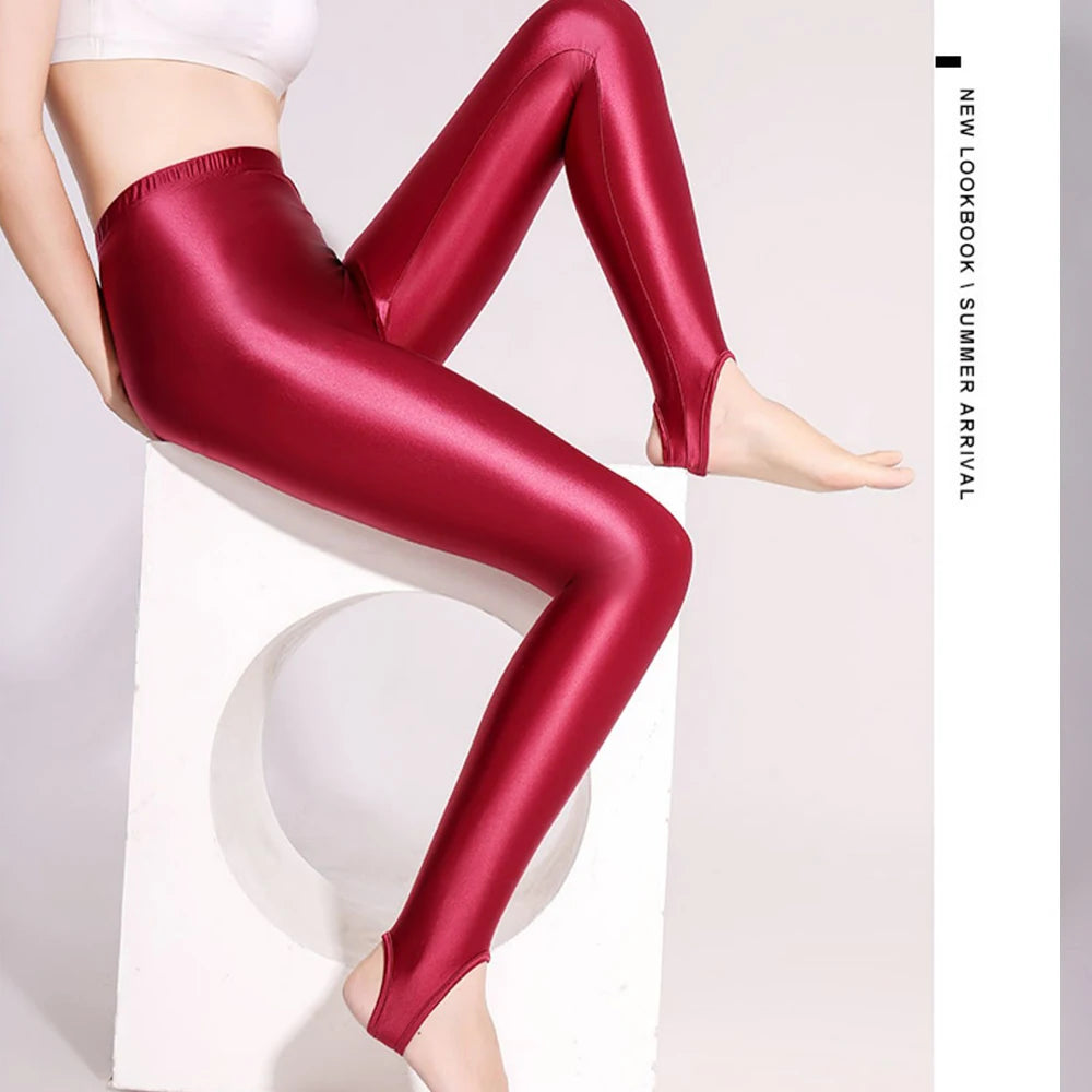 Glossy Women Stirrup Yoga Leggings Plus Size High Waist Step on Foot Leggings Workout Pants for Gym Tight Bottoms