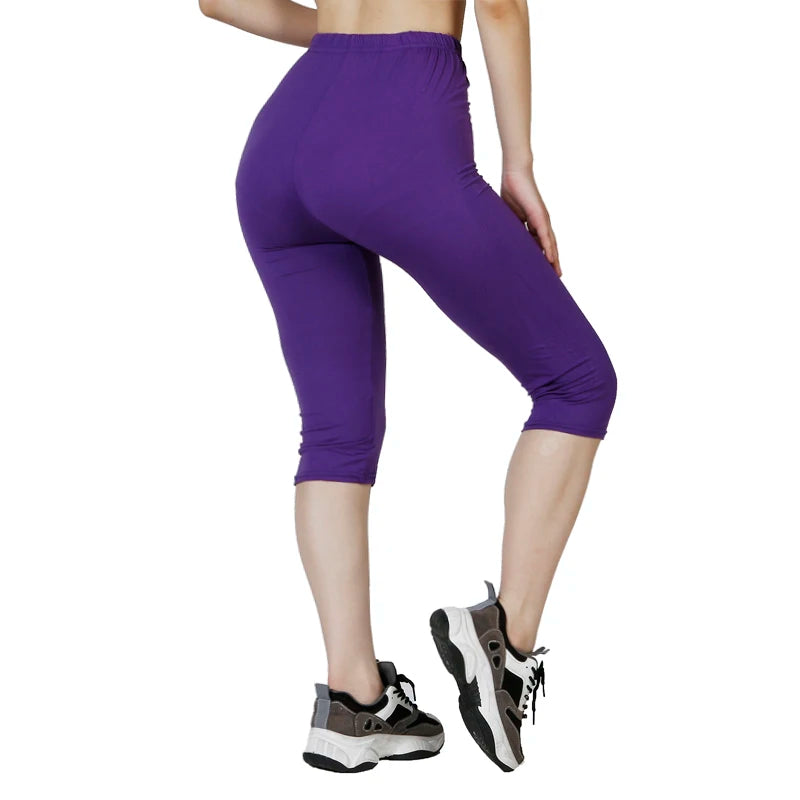 QR63 Solid Color Capris Leggings, WOMEN'S Fashionable Elastic Waist Exercise, Short Leg Pants