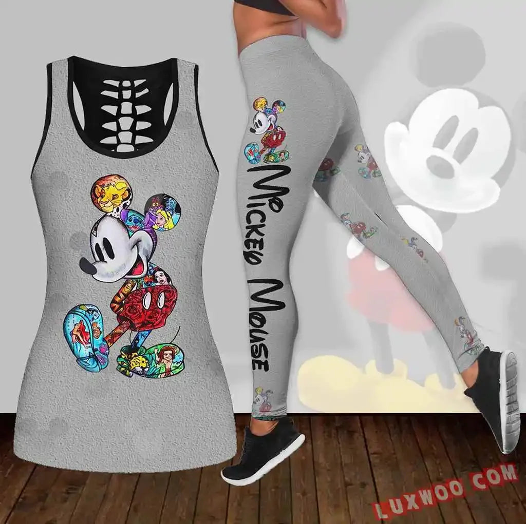 Mickey Mouse Women's Hollow Vest + Women's Leggings Yoga Suit Fitness Leggings Sports Suit Disney Tank Top Legging Set Outfit