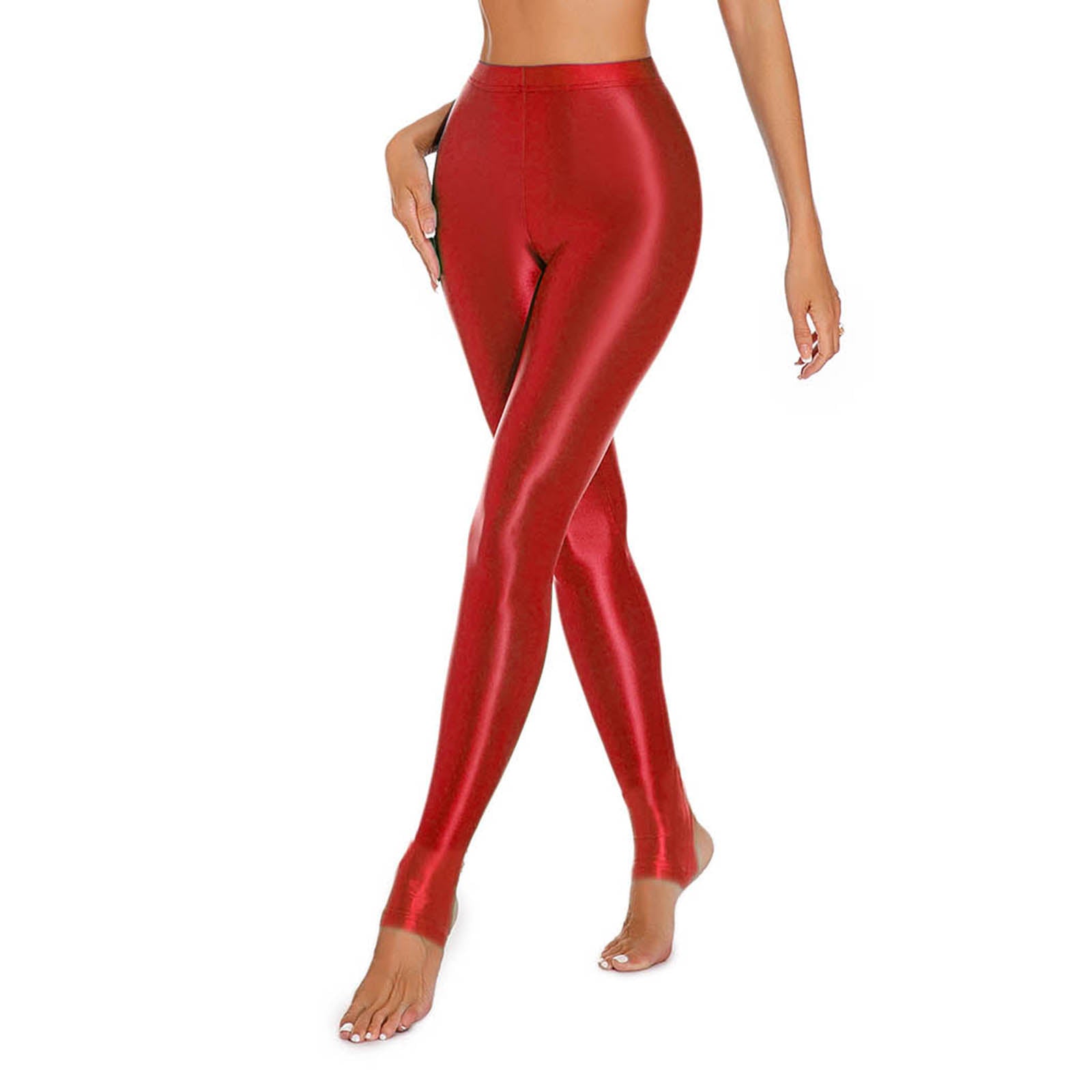 Womens Shiny Glossy High Waisted Stirrup Leggings Tights Gymnastics Workout Yoga Pants Tummy Control Sports Trousers