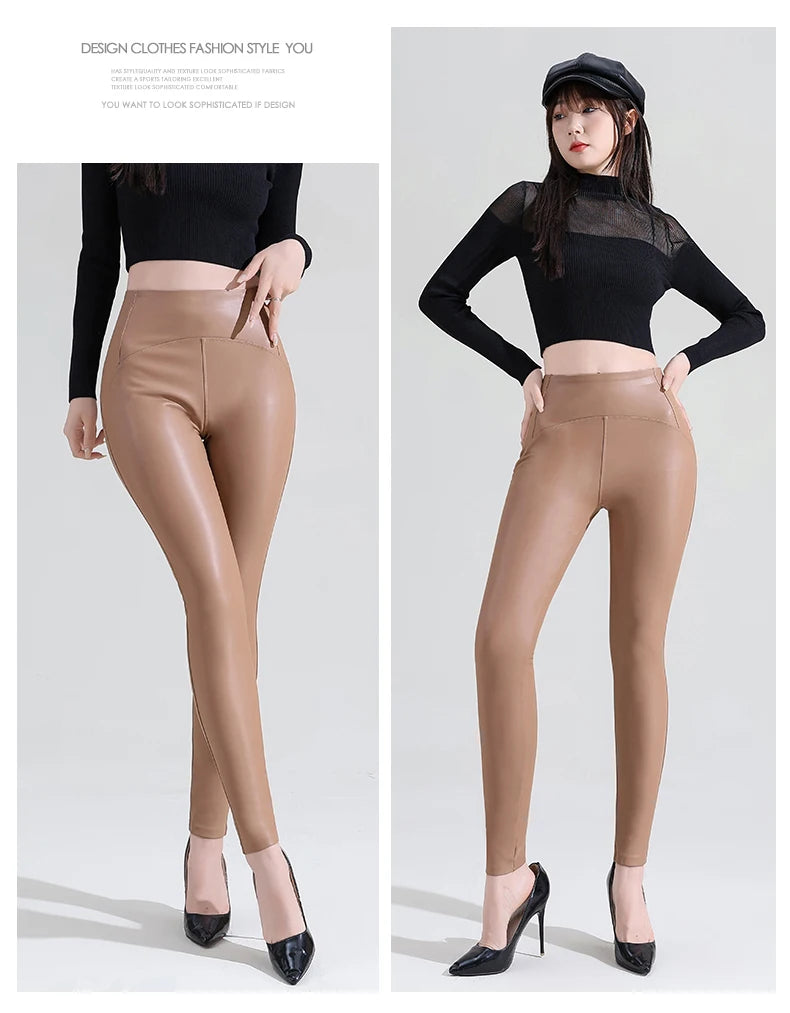 New Thin Fleece Pu Leather Leggings for Women Winter Autumn High Waist Pants Push Up Black Sexy Tights Stretch Fitness Leggings