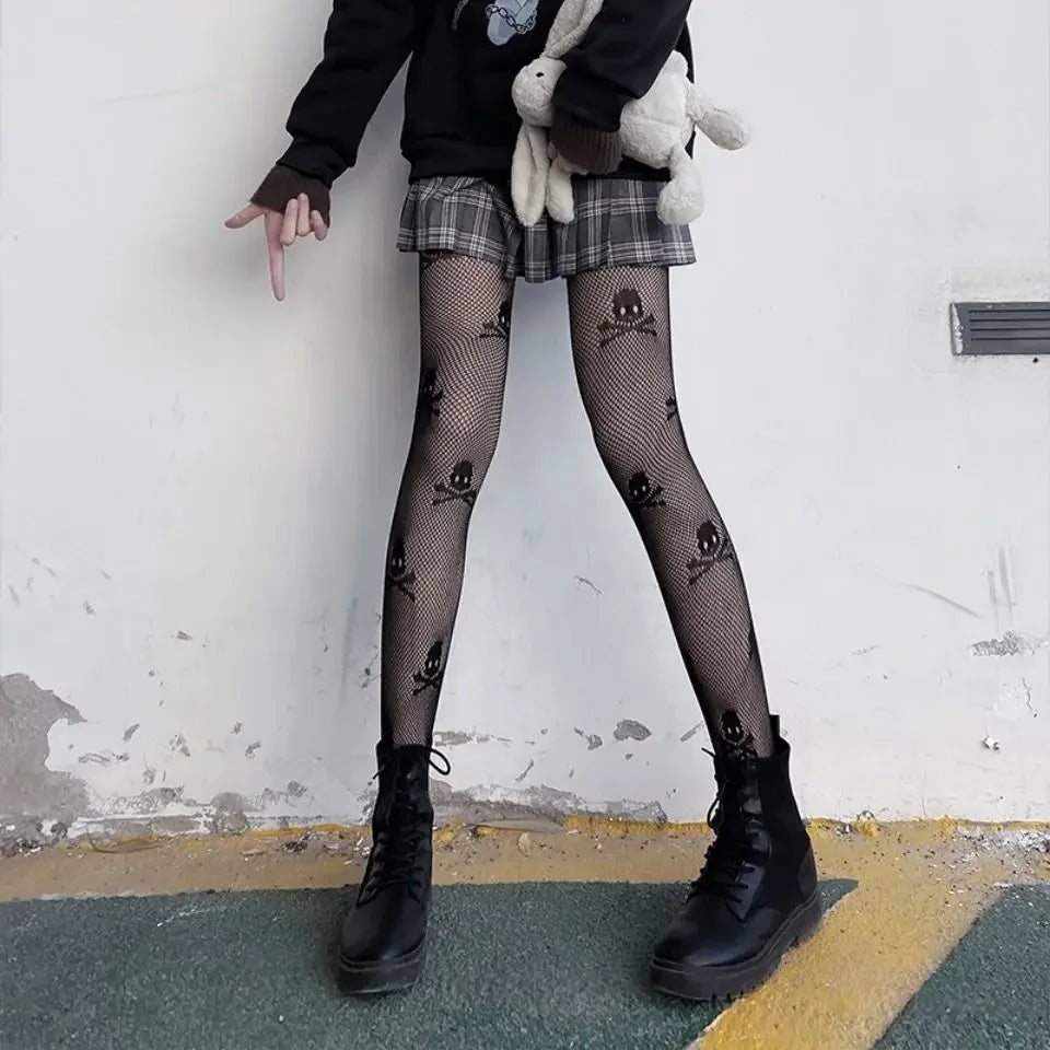 Gothic Tights Women Leggings Lolita Hollowed Out Mesh Body Stockings Japanese Bottomed Lace Pantyhose Skull Punk Black Hosiery