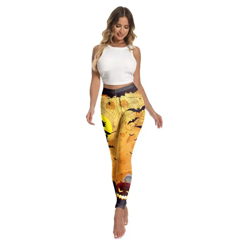 Color Cosplayer Halloween Legging for Women Pants Holiday Party Skinny Trousers Carnival Pumpkin Bat Pattern Cosplay Costume