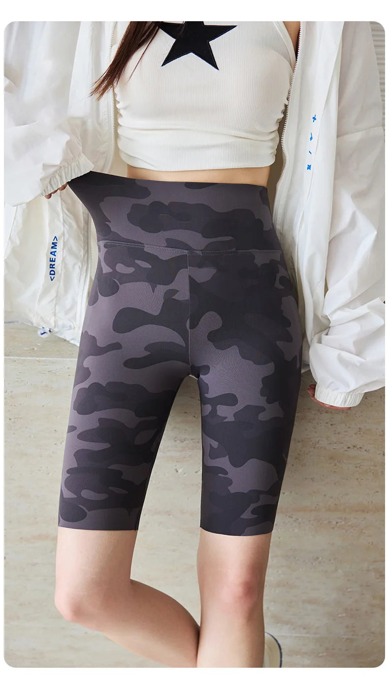 BIVIGAOS Summer Slim Camouflage Knee Length Cycling Shorts Women Casual Sharkskin Sports Running Fitness Biker Short Leggings