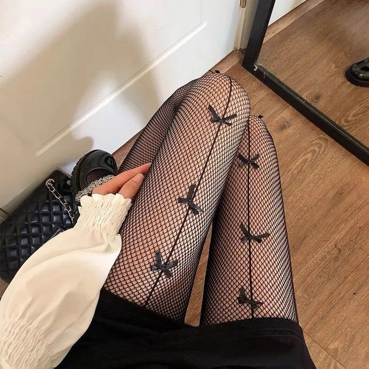 Sexy Lolita Bow Stockings Women Transparent Mesh Fish Net Long Socks Punk JK Black White Slimming Pantyhose Female Tight Legging