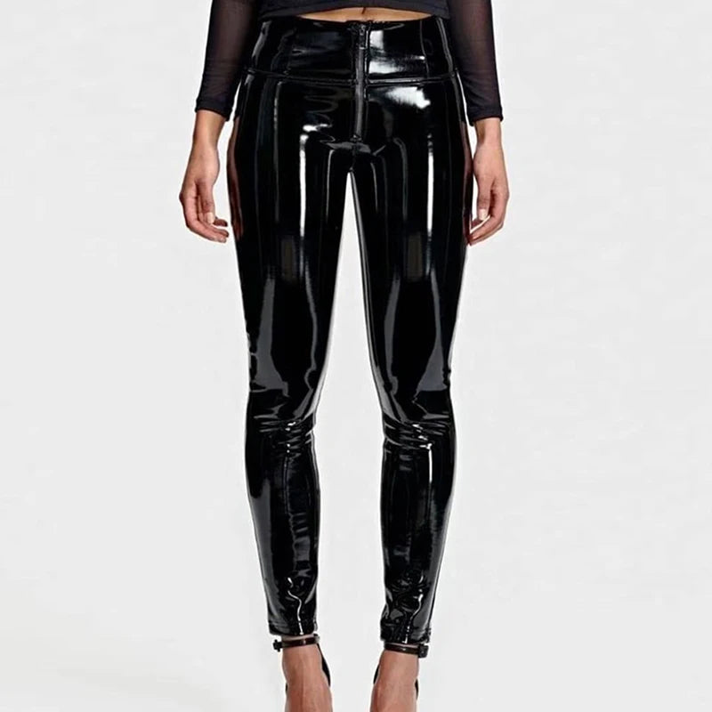 Shiny Patent Leather Pencil Pants Women High Waist Seamless Bodycon Legging PVC Leather Zip Slim Stretch Pants Nightclub Custom