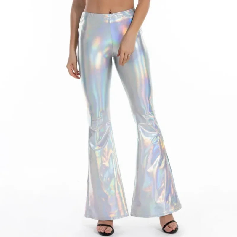 Women's Metallic Pants Shiny Bell-bottoms Sexy Vintage Fitness Leggings Low Waist Gym Sportswear Leggings Sexy Disco Party Pants