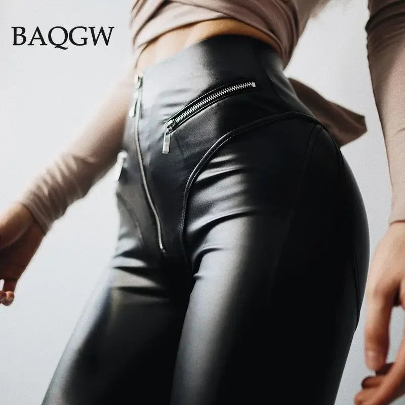 Gothic Pu Leather High Waist Straight Leather Pants Sexy Tight Hip Shape Legging Streetwear Zipper Patchwork Motorcycle Trousers