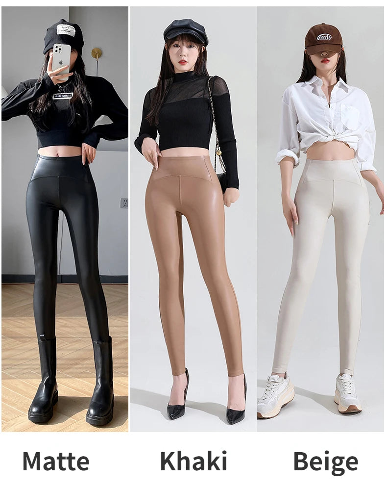 New Thin Fleece Pu Leather Leggings for Women Winter Autumn High Waist Pants Push Up Black Sexy Tights Stretch Fitness Leggings