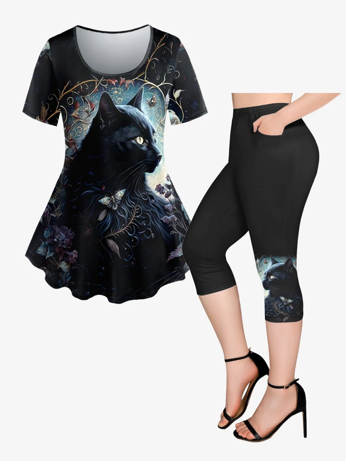 Plus Size Printed T-shirt Or Pockets Capri Leggings Women's Cat Flower Butterfly Casual Tee Or Cropped Leggings XS-6X