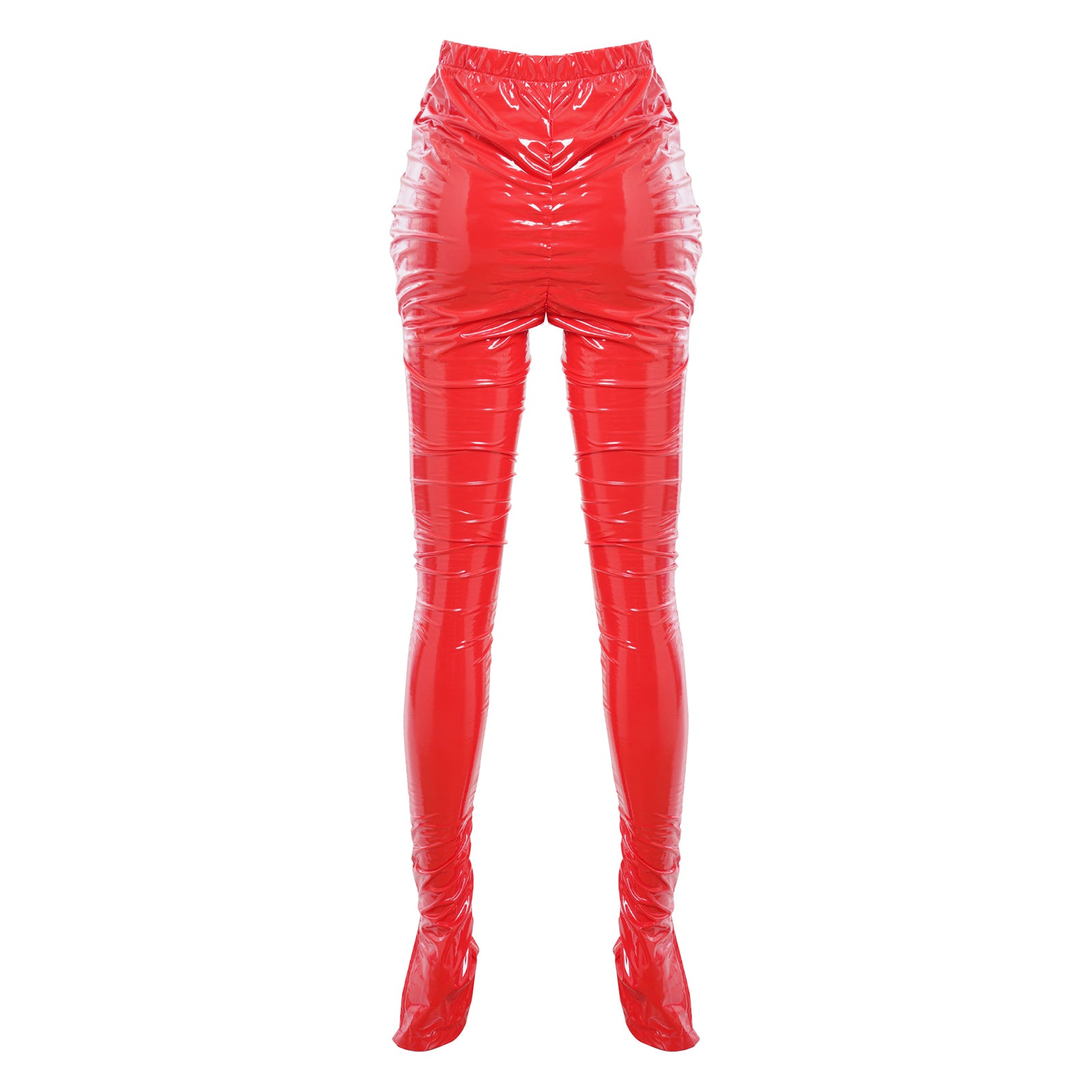 Womens Glossy PU Leather Long Pants High Waist Stacked Ruched Split Cuffs Tights Slim Fit Leggings for Nightclub Disco Dancing