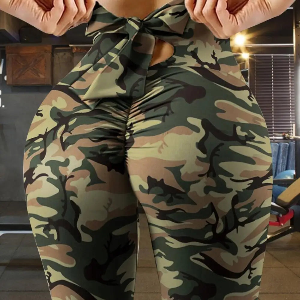 Women long pants Camouflage High-waist Peach Hip Tight pants Bow Sexy Hip lift trousers Fitness Yoga Leggings lady sports Pants