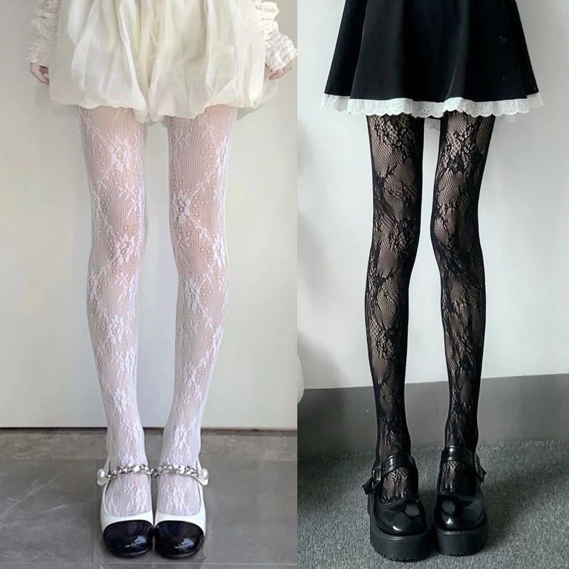 Black White Lace Flower Stockings Women Sexy Floral Rattan Leggings Gothic Mesh Hollowed Pantyhose Hosiery Female Fishnet Tights