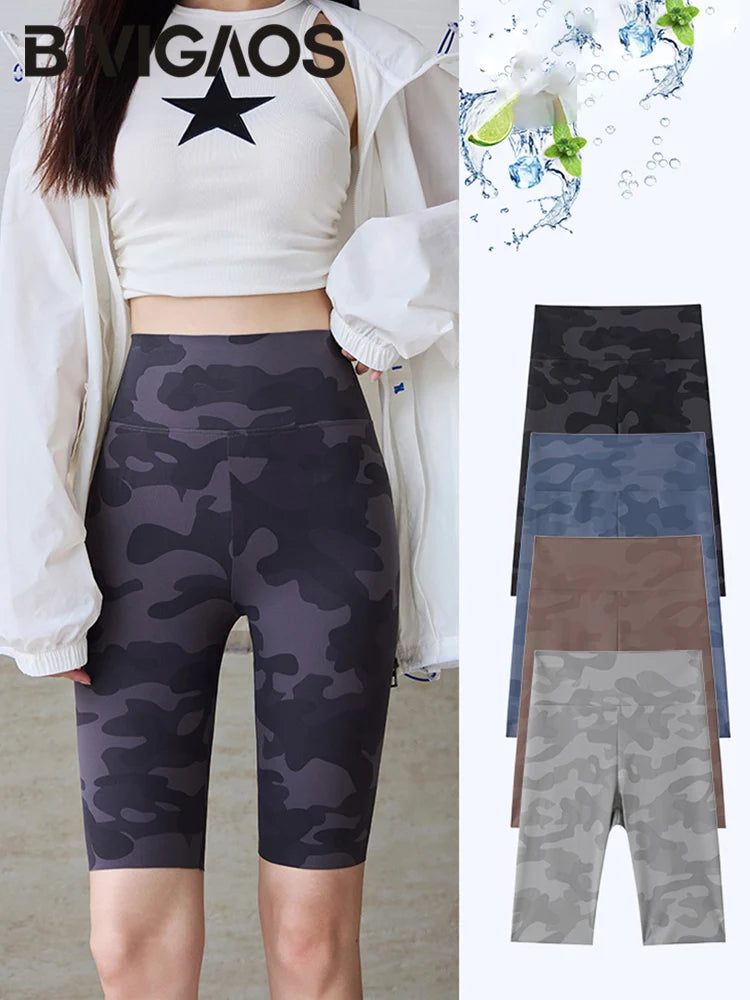 BIVIGAOS Summer Slim Camouflage Knee Length Cycling Shorts Women Casual Sharkskin Sports Running Fitness Biker Short Leggings