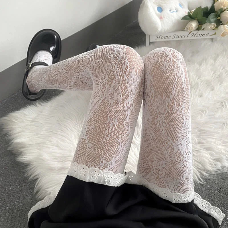 Black White Lace Flower Stockings Women Sexy Floral Rattan Leggings Gothic Mesh Hollowed Pantyhose Hosiery Female Fishnet Tights