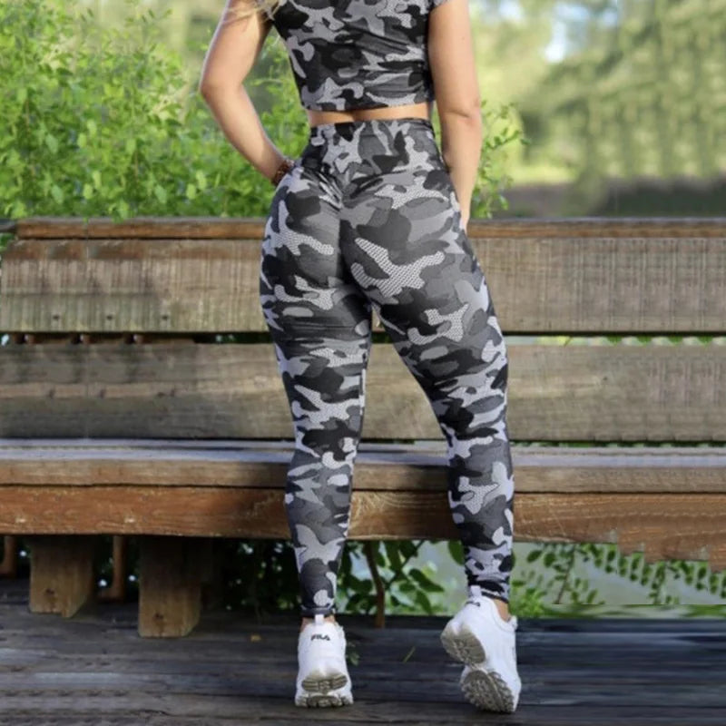 Uoozee 2023 Women Fashion Two Piece Fitness Set Camouflage Short Sleeve Top&High-Waisted Leggings Sports Suit Sportswear