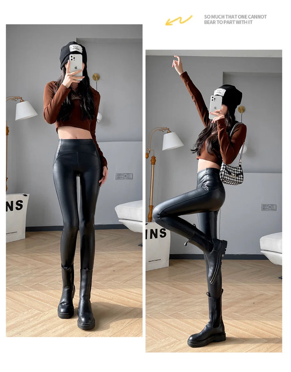 New Thin Fleece Pu Leather Leggings for Women Winter Autumn High Waist Pants Push Up Black Sexy Tights Stretch Fitness Leggings