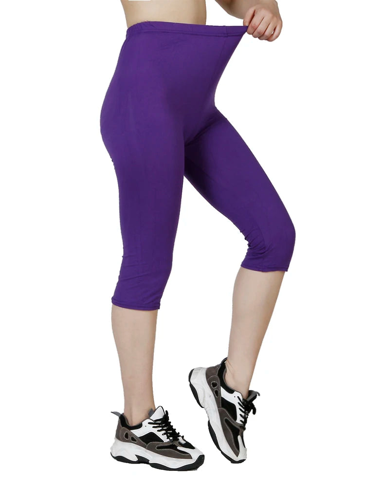 QR63 Solid Color Capris Leggings, WOMEN'S Fashionable Elastic Waist Exercise, Short Leg Pants