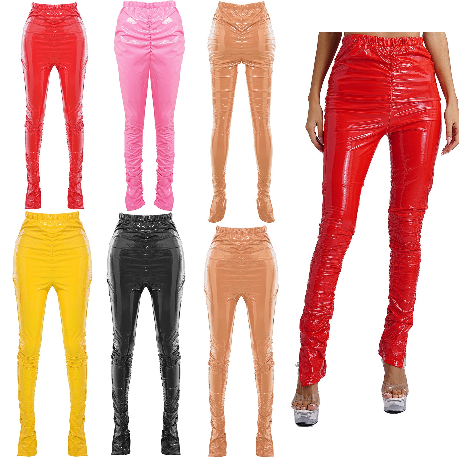 Womens Glossy PU Leather Long Pants High Waist Stacked Ruched Split Cuffs Tights Slim Fit Leggings for Nightclub Disco Dancing