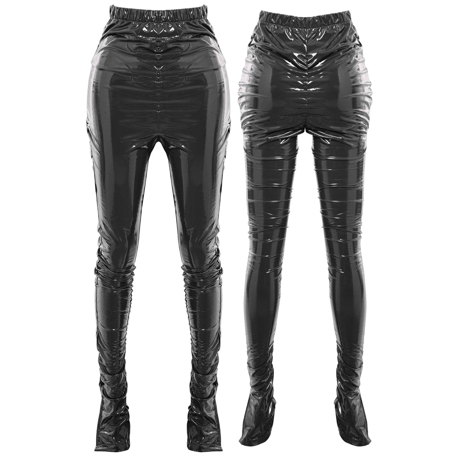 Womens Glossy PU Leather Long Pants High Waist Stacked Ruched Split Cuffs Tights Slim Fit Leggings for Nightclub Disco Dancing