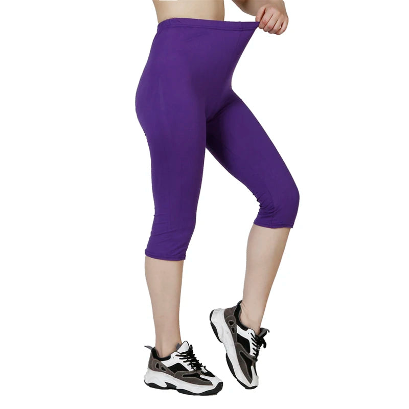 QR63 Solid Color Capris Leggings, WOMEN'S Fashionable Elastic Waist Exercise, Short Leg Pants