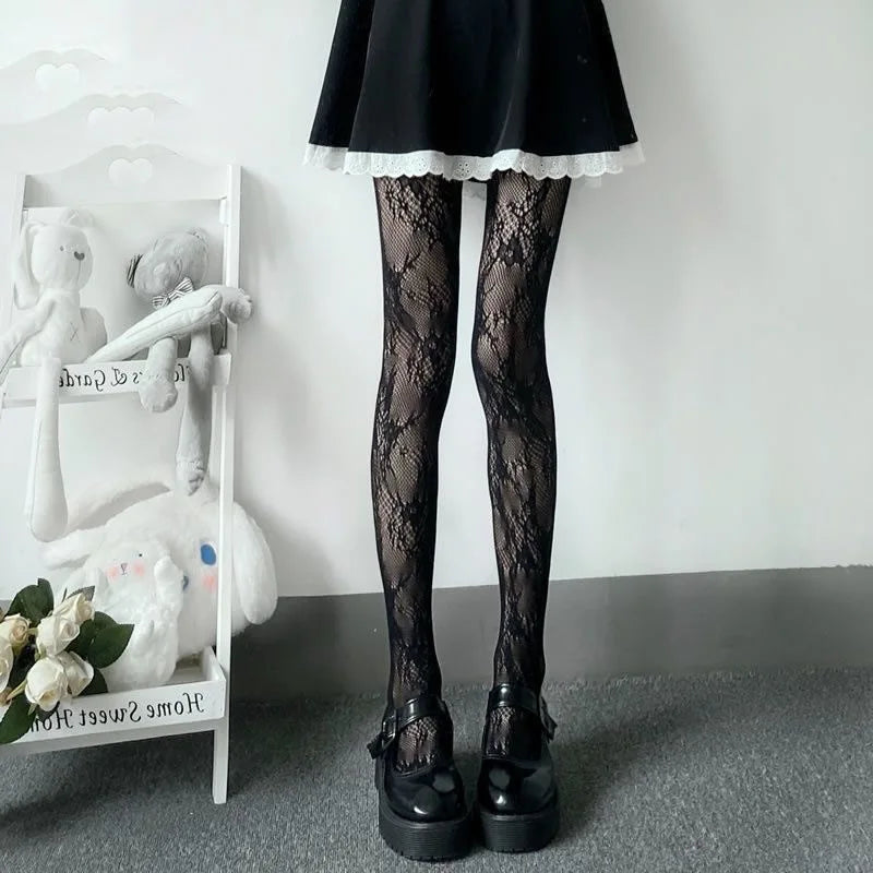 Black White Lace Flower Stockings Women Sexy Floral Rattan Leggings Gothic Mesh Hollowed Pantyhose Hosiery Female Fishnet Tights