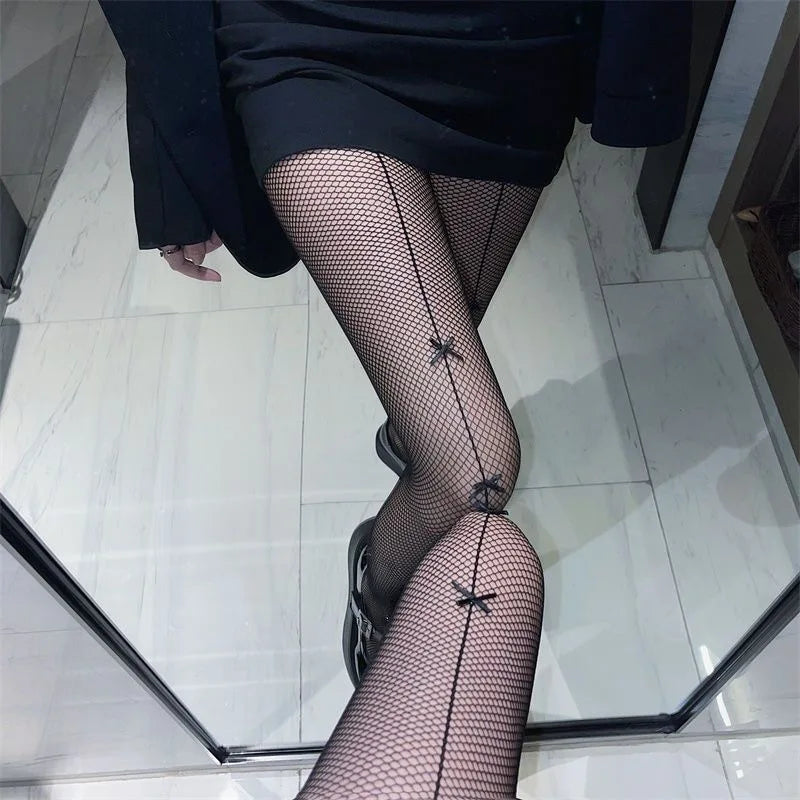 Sexy Lolita Bow Stockings Women Transparent Mesh Fish Net Long Socks Punk JK Black White Slimming Pantyhose Female Tight Legging