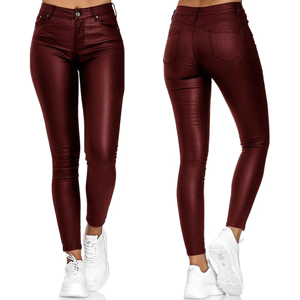 High Waisted Eleastic Solid Pu Leather Tight Hip Casual Pants Slim Leg Black Long Pants Pencil Trousers Women’s Legging Autumn