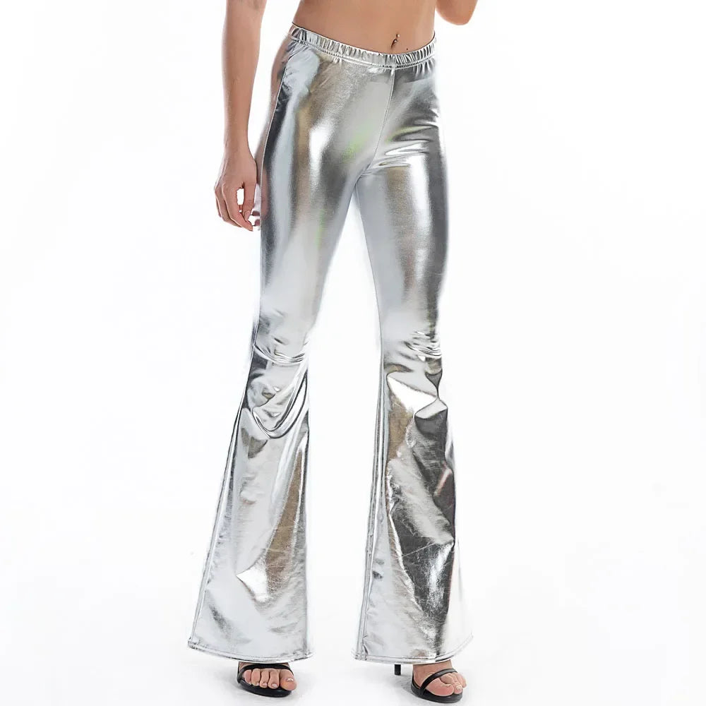 Women's Metallic Pants Shiny Bell-bottoms Sexy Vintage Fitness Leggings Low Waist Gym Sportswear Leggings Sexy Disco Party Pants