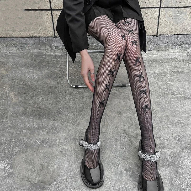 Sexy Lolita Bow Stockings Women Transparent Mesh Fish Net Long Socks Punk JK Black White Slimming Pantyhose Female Tight Legging