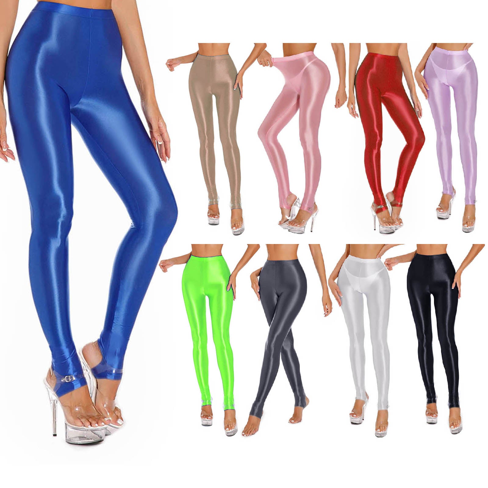 Womens Glossy Stirrup Leggings High Waist Elastic Waist Tights Pants Gym Yoga Workout Pants Tummy Control Sport Jogging Pants