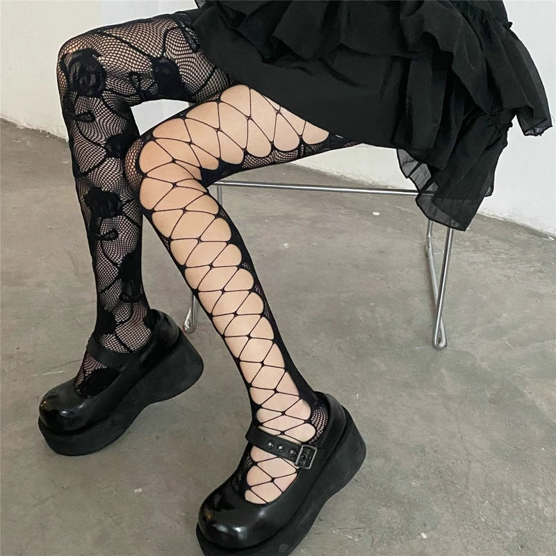 Gothic Fishnets Stockings Lolita Mesh Tights for Women Netting Stockings Y2k Pantyhose With Pattern Leggings Sexy Lingerie