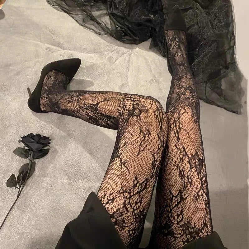 Black White Lace Flower Stockings Women Sexy Floral Rattan Leggings Gothic Mesh Hollowed Pantyhose Hosiery Female Fishnet Tights